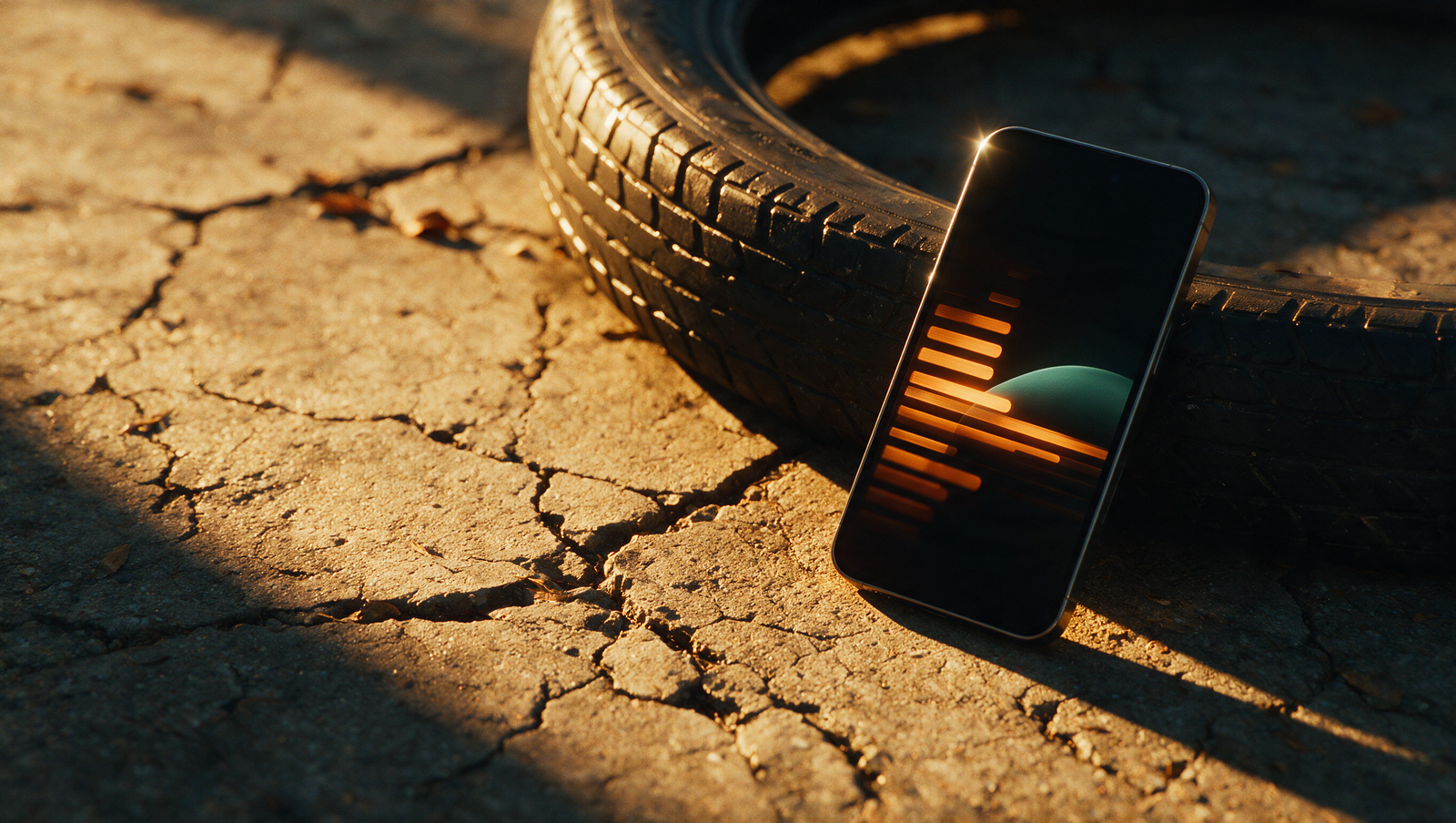 A phone showing the day's training load propped against a bike tyre on sunlit concrete